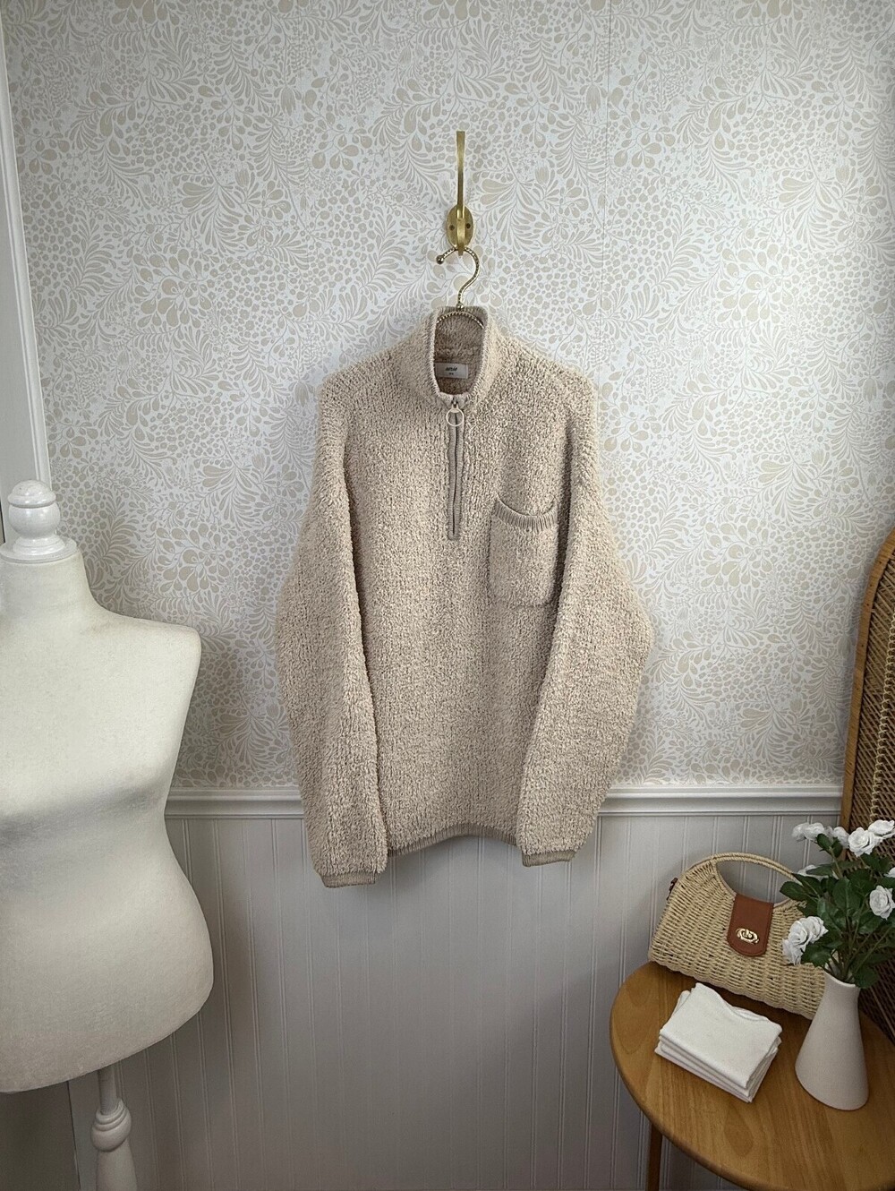 aerie Oversized Cream Beige Sherpa Quarter Zip Pullover Sweater - Size - Medium